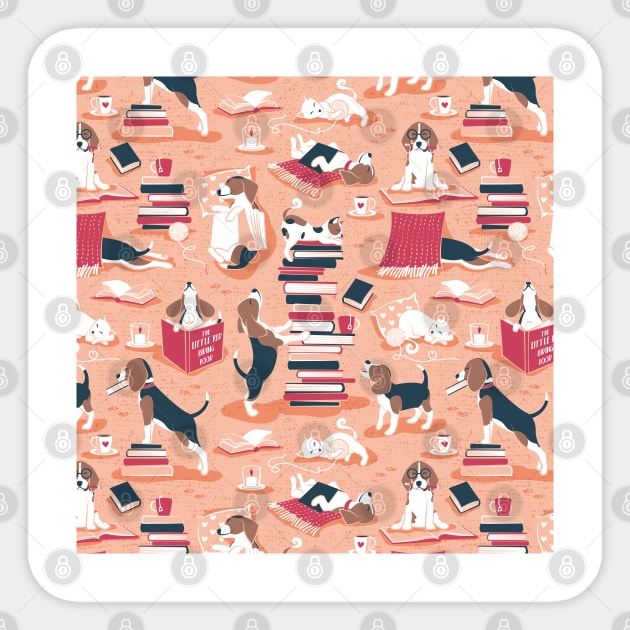 Life is better with books a hot drink and a friend // pattern // coral background brown white and blue beagles and cats and red cozy details Sticker by SelmaCardoso